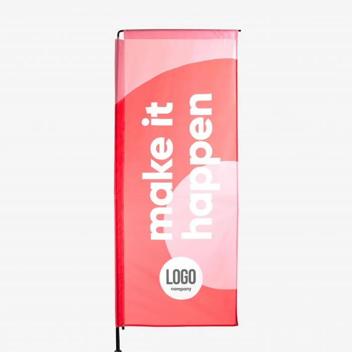 Rechthoekige beachflag met volledig bedrukt doek aan een mast