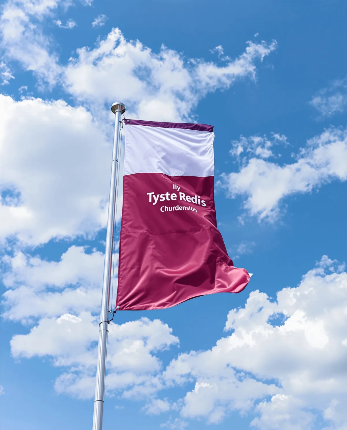 Bordeauxrode mastvlag met logo, wapperend tegen een blauwe lucht