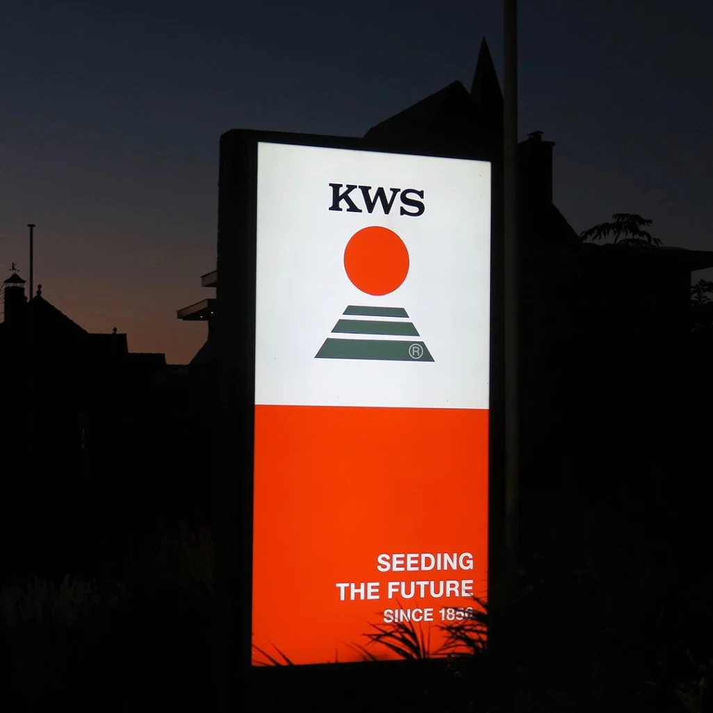 Verlichte reclamezuil van KWS Vegetables die oplicht in de schemering