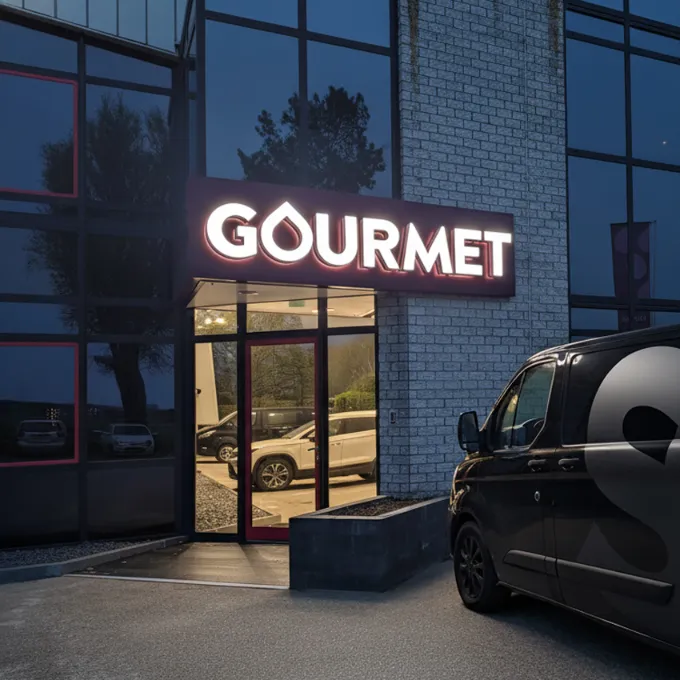 Verlichte gevelreclame van Sign Company in het donker
