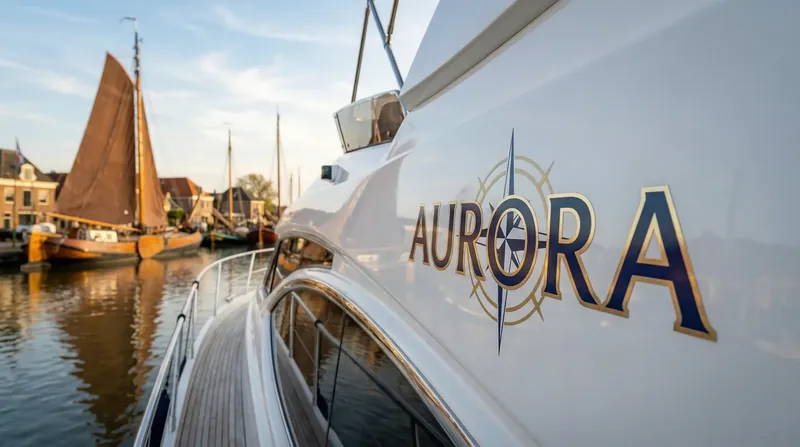 Motorjacht Aurora aan de steiger met de bootnaam en een kompasroos op de romp