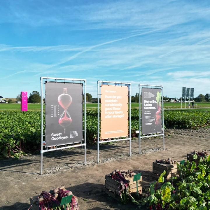 Spandoeken in frames op een evenemententerrein