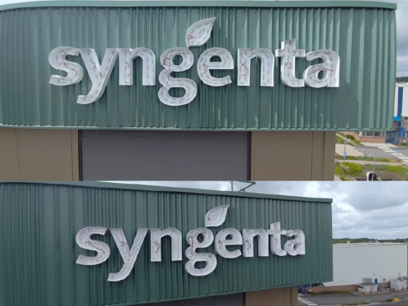Installatie van doosletters op de gevel bij Syngenta