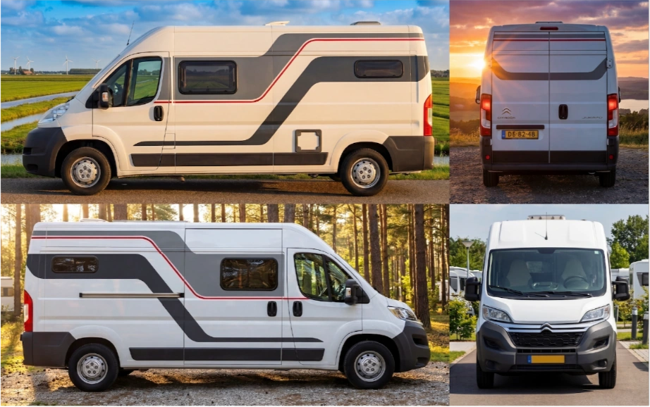 Fotorealistisch voorbeeld van hoe de camperwrap eruit komt te zien