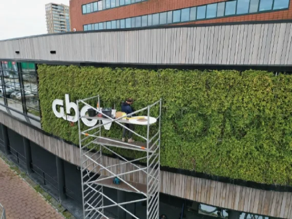 Dronefoto van de rolsteiger bij de plantenwand waar de letters op komen