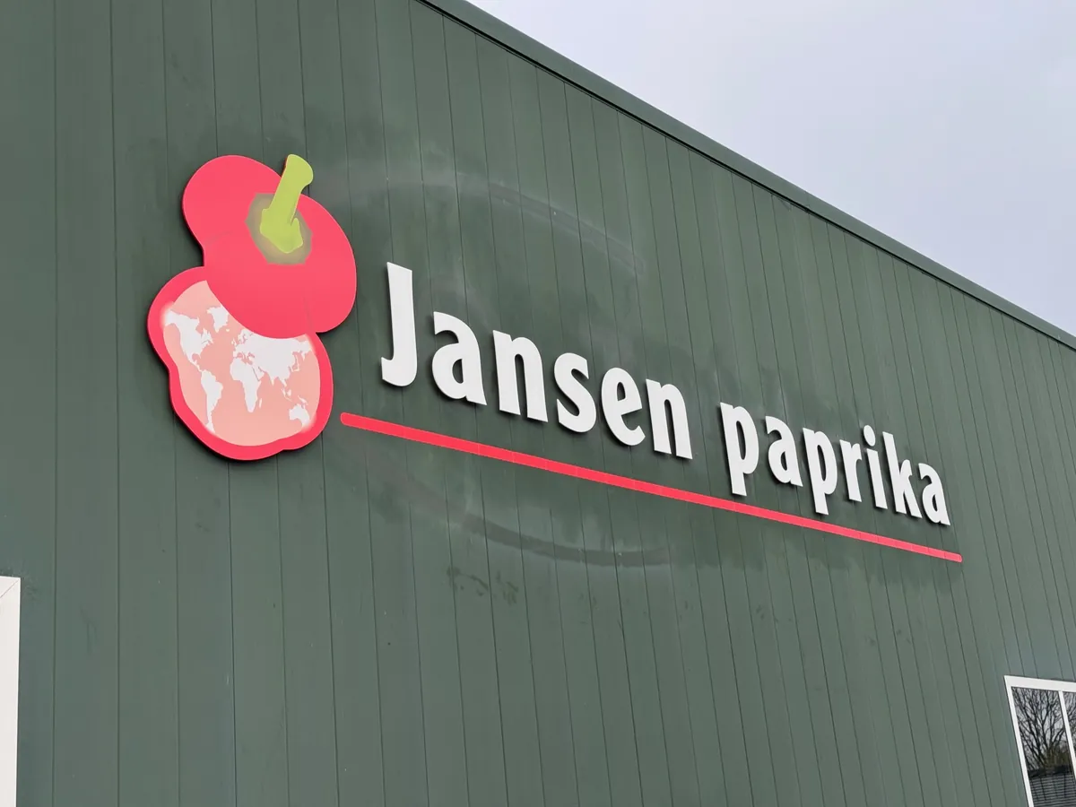 Logo en letters Jansen paprika op de groene gevel, schuin van onderaf